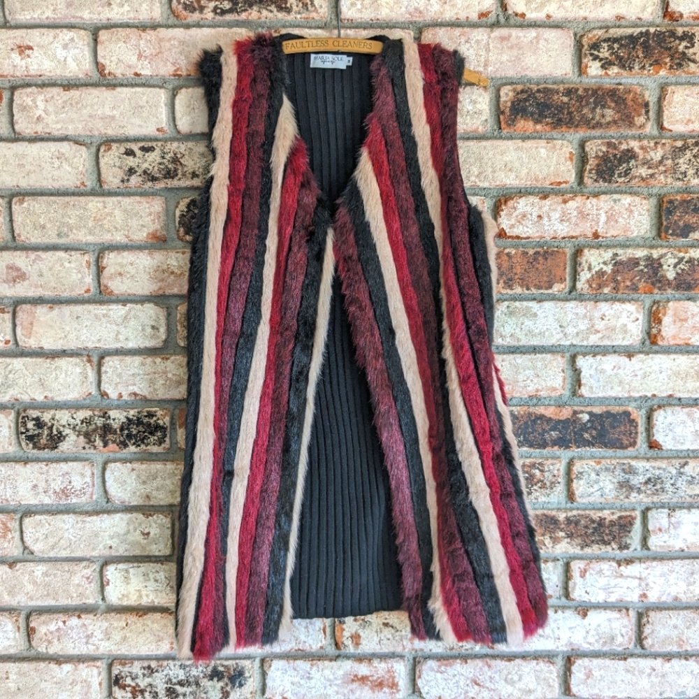 💃 Maria Sole Italian Long Faux Fur Vest Vertical Stripes Burgundy Black Cream M